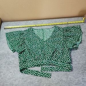 Green Cotton Blend Floral Ruffle Sleeve V Neck Waist Tie Crop Top Blouse size XL